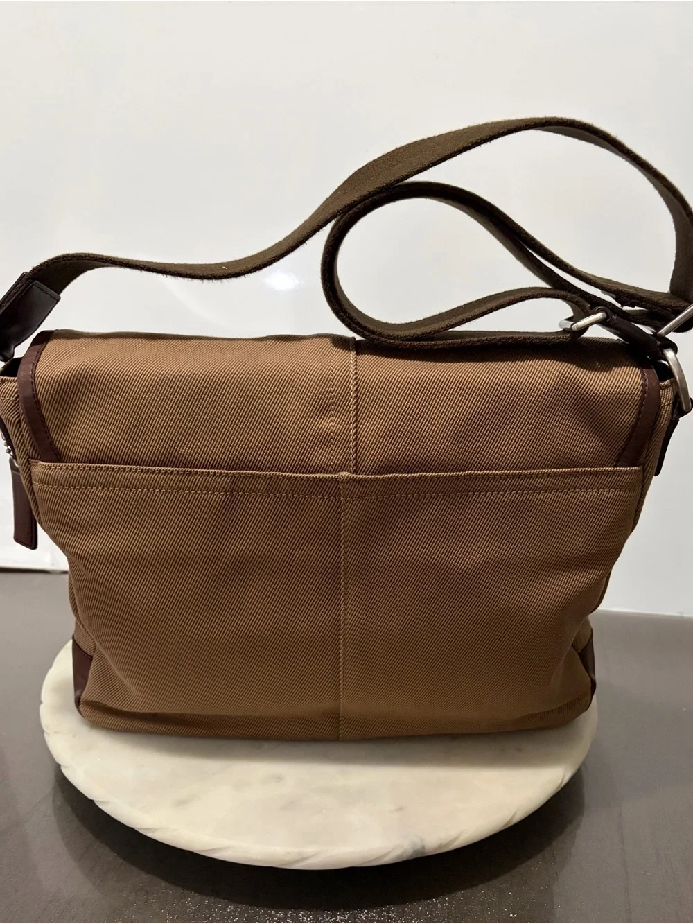 COACH Essex Canvas Crossbody Messenger Bag F70677 w/ Leather Trim Khaki Brown